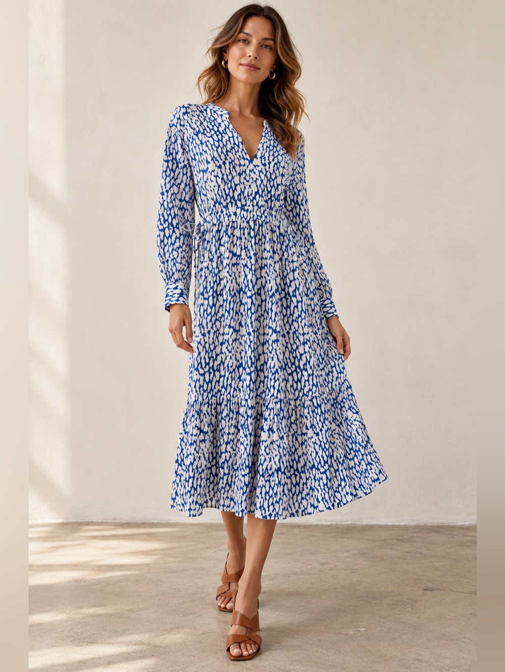 Rails Maple Blue Leopard Print Midi Dress Tiered Drawstring Waist M